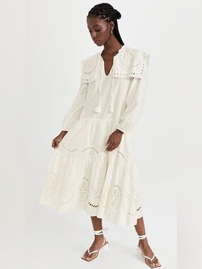 Sea New York Santos Ivory Eyelet Midi Dress with Statement Collar - size XS